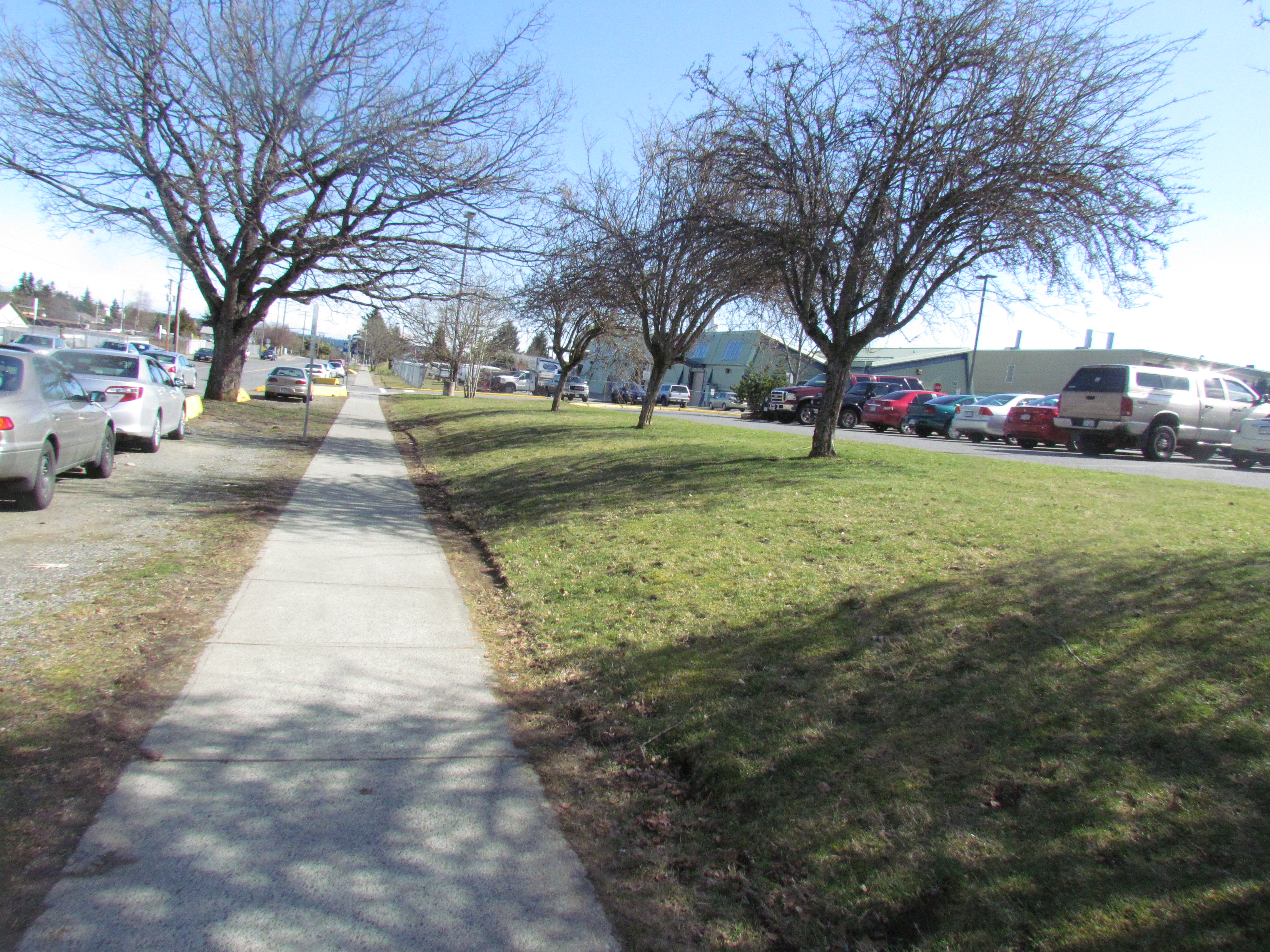 A sidewalk leads away from the camera, with cars parked along the left hand side along the street and a full parking lot on the right.