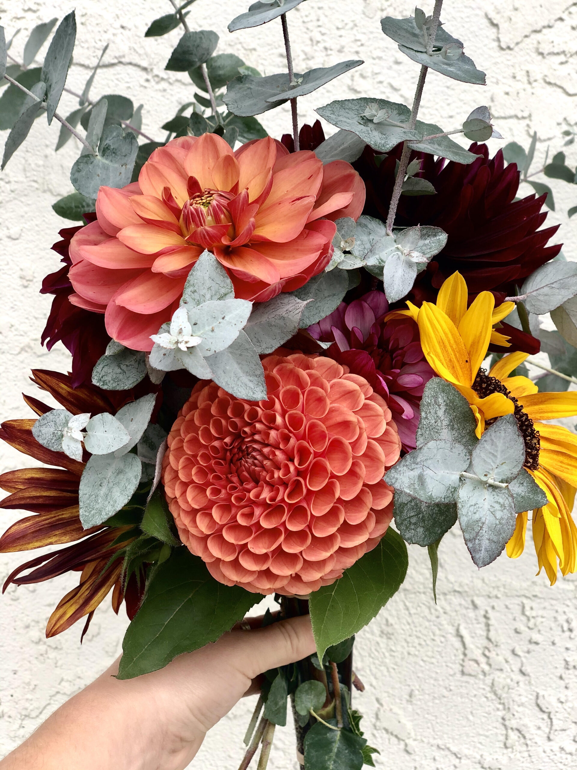 Bouquet of grey eucalyptus, sunflowers, red and orange flowers