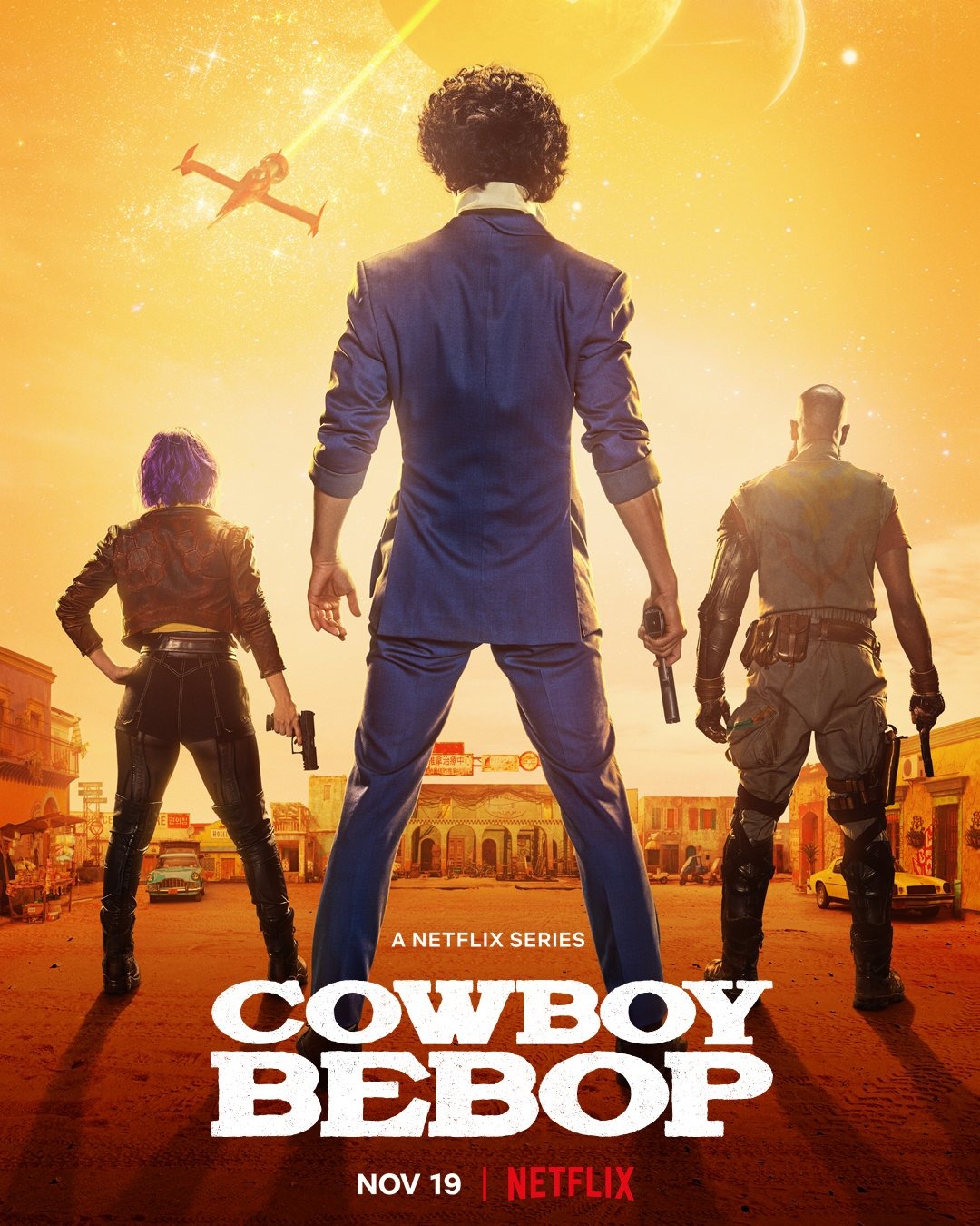 a promotional poster for Netflix's Cowboy Bebop (2021). Three figures stand facing away from the camera towards a yellow-orange glow