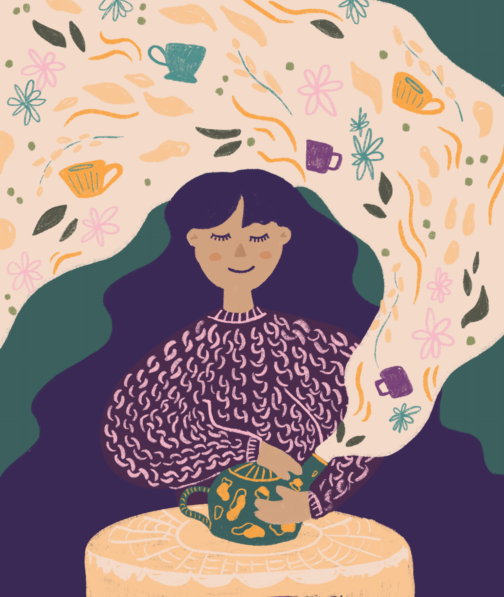 illustration of a woman with flowing black hair holding a tea pot. Out of the pot streams flowers, tea leaves, and tea cups