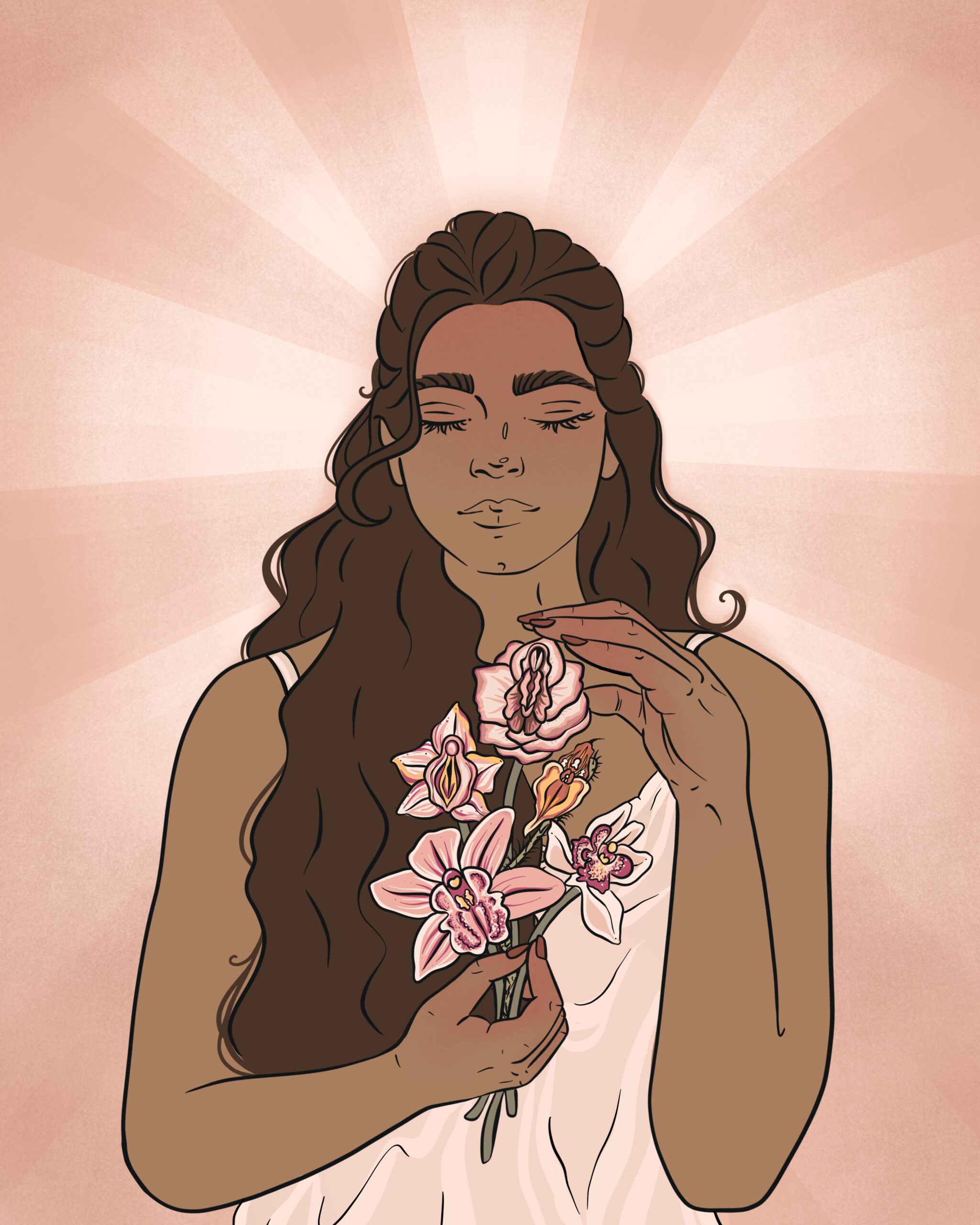 girl holding a bouquet of orchids.