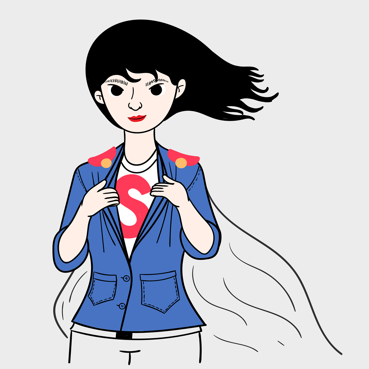 An illustration of a woman with a cape undoing her jacket to reveal an "S"